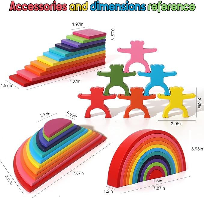 40-Piece Wooden Rainbow Stack Set, 4-in-1 Building Blocks preschoolers Early Development & Activity Toys Montessori Toys for Kids 3, 4, 5, 6 Years and Older Gifts for Boys and Girls