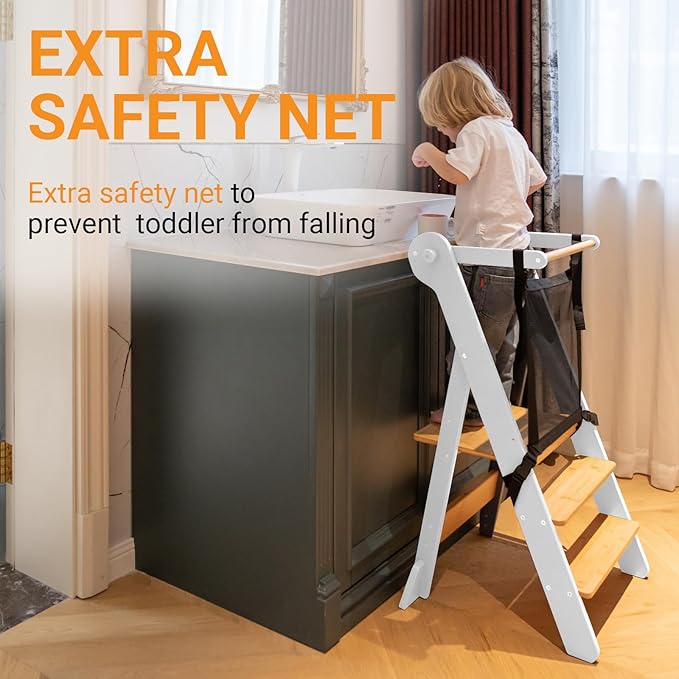 COSYLAND Foldable Toddler Standing Tower - Adjustable Height Folding Step Stool Kids Toddler Kitchen Stool Helper for Learning and Cooking - Ages 18 Months to 6 Years with Safety net Natural & White