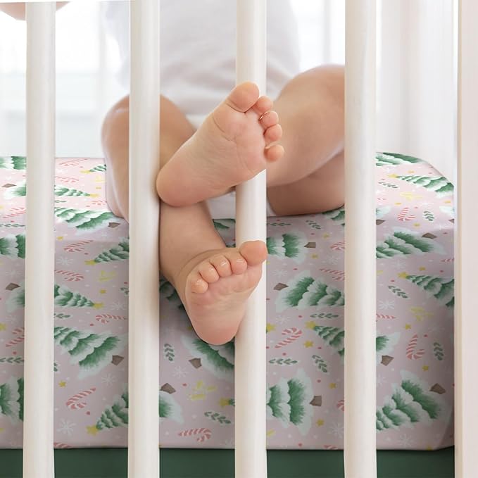 Pink Winter Forest Baby Crib Sheets 52''x28'' Christmas Trees Candy Snowflakes Snug Fitted Crib Mattress Cover for Boy Girl Green Pine Forest Soft Baby Bed Sheet for Standard Crib Toddler Mattress