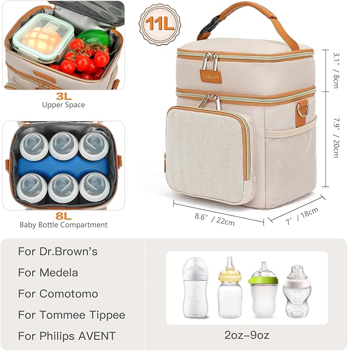 Double Layer Breastmilk Cooler Bag with Ice Pack Insulated Travel Bag for Baby Bottle Breast Milk Storage & Feeding Fits 6 Bottles Up to 9 Ounces Portable Leakproof Bottle Bag for Travel Daycare