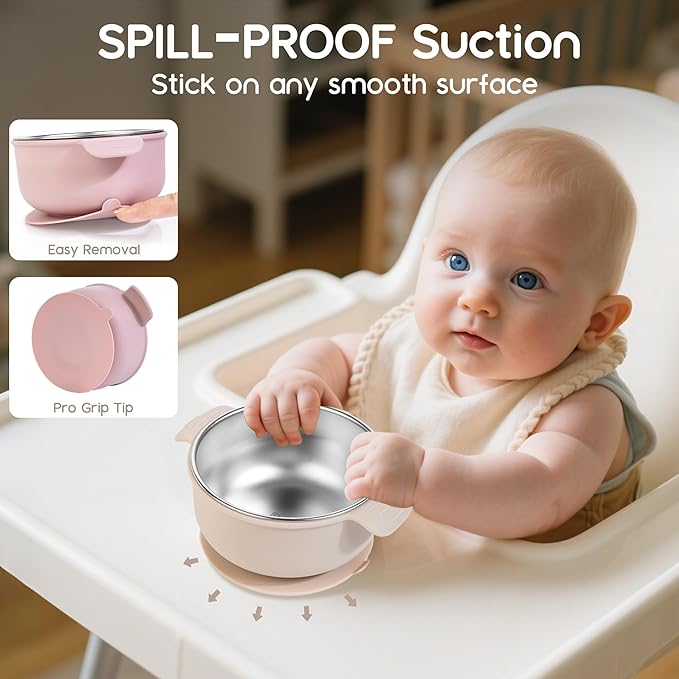 Bella’s Friends Stainless Steel and Silicone Baby Bowls with Suction 3 Pack, 4.3” for Toddlers Kids Feeding, Non-Slip, Non-Toxic, Mess-Free, Dishwasher Safe, Fit High Chair Size,beige green light pink