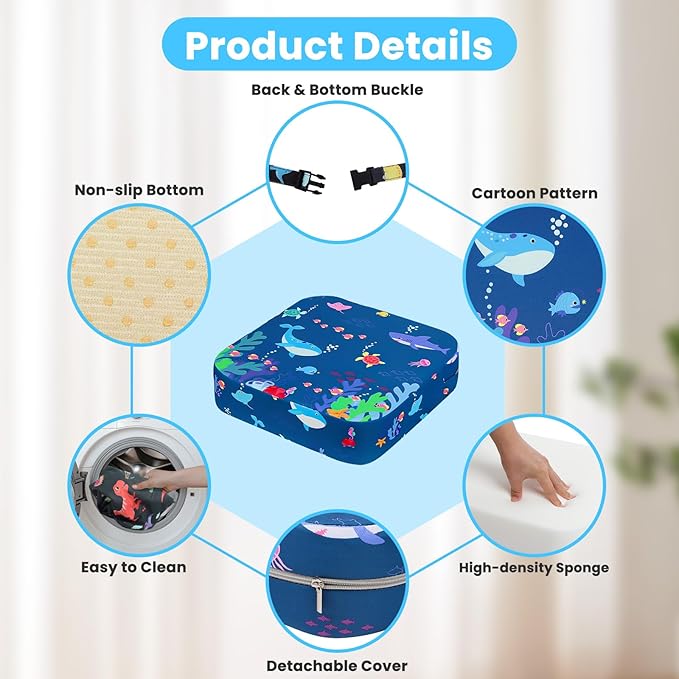 Toddler Booster Seat for Dining Table, Kids Booster Seat for Kitchen Chair with Non-Slip Bottom, Portable Detachable Washable Increasing Cushion with 2 Adjustable Straps (Marine Animals)