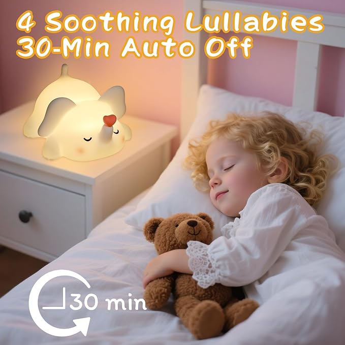 Squishy Night Light for Kids, Elephant Silicone Lamp with 4 Lullabies, Touch Control 3 Dimming Levels, 30-Min Timer, Rechargeable Cute Nightlight for Nursery, Toddler Room Decor