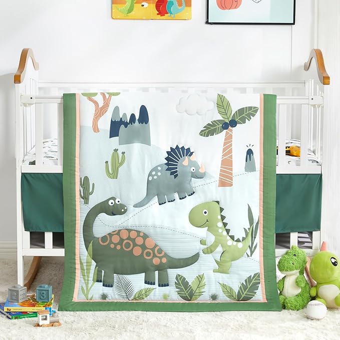 Wowelife Dinosaur Crib Bedding Set for Boys Green, Premium 3-Piece Baby Bedding Set, Nursery Crib Set, Newborn, Infant & Toddler Nursery Bed Set, Green Dinosaur