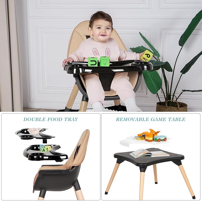 6 in 1 High Chair for Babies & Toddlers, Convertible Wooden Baby Highchair, Table and Chair Set, Baby Feeding Chair, 5-Point Adjustable Harness/4-Position Removable Tray& PU Seat Cushion (Black)
