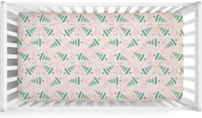 Pink Winter Forest Baby Crib Sheets 52''x28'' Christmas Trees Candy Snowflakes Snug Fitted Crib Mattress Cover for Boy Girl Green Pine Forest Soft Baby Bed Sheet for Standard Crib Toddler Mattress