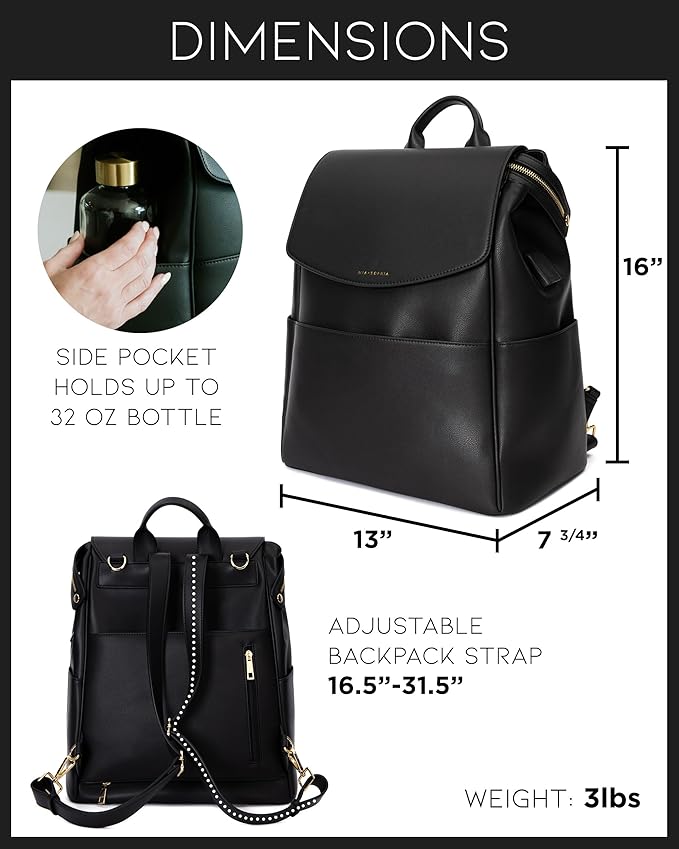 MIA + SOPHIA Leather Diaper Bag Backpack with USB Charging port, Changing Pad, Stroller Straps, and Bottle Holder (Black Olivia)
