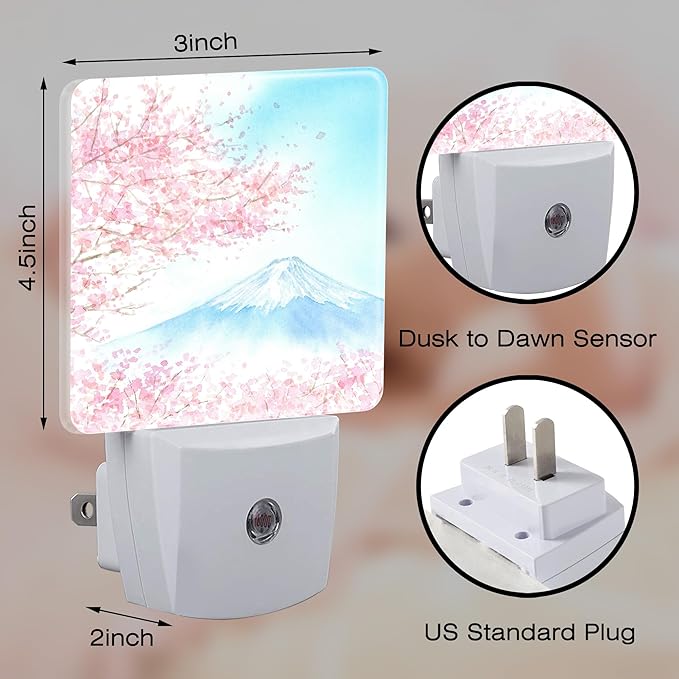 Cherry Blossoms with Mountain Fuji Night Light Plug into Wall, Watercolor Pink Flowers Dusk to Dawn Night Light,0.5w Energy Saving Sleep Friendly Nightlights for Kids Boys Girls Home