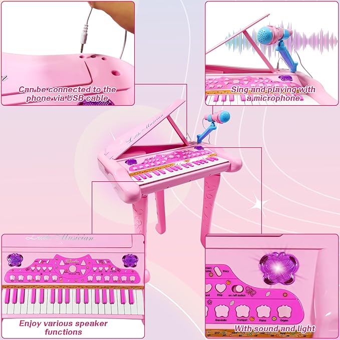 Dollox Keyboard Piano for Kids, 37-Key Toddler Piano Musical Instrument Toy, Electric Keyboard for Girls, 3, 4, 5, 6, 7 Years Old Birthday Gift - Mini Music Toy with Stool (Pink)