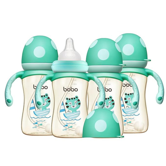 YOHKOH Natural PPSU Baby Bottle with Natural Response Nipple, Newborn Anti-Colic Baby Bottles with Handle, Wide Neck Mushroom Cap Baby Bottle (8.8oz (Pack of 4), Blue)