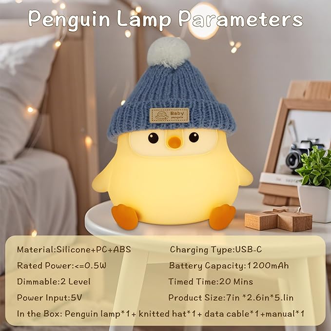 Penguin Lamp with Knit Hat,Kawaii Penguin Night Light,Food Grade Silicone,Dimmable Nursery Nightlight,LED Squishy Novelty Animal Lamp,Kids Room Decor,Funny Gifts for Kids Boys Girls Baby