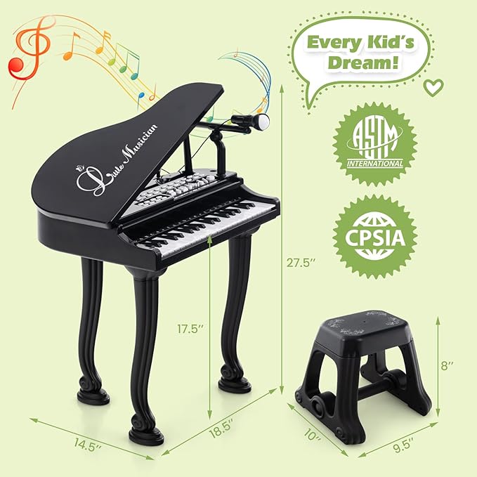 HONEY JOY Classical Kids Mini Grand Piano w/ Music Stand & Stool, Portable Electronic Piano Educational Musical Instrument Toy w/ Microphone, Lights, Gift for Kids (Black, 37 Keys)