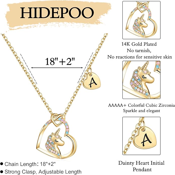 Hidepoo Unicorn Necklace Gifts for Girls - Colorful CZ Heart Pendant Initial Unicorns Necklaces for Teens Little Girls Jewelry Birthday Gift for Girl Daughter Granddaughter Niece