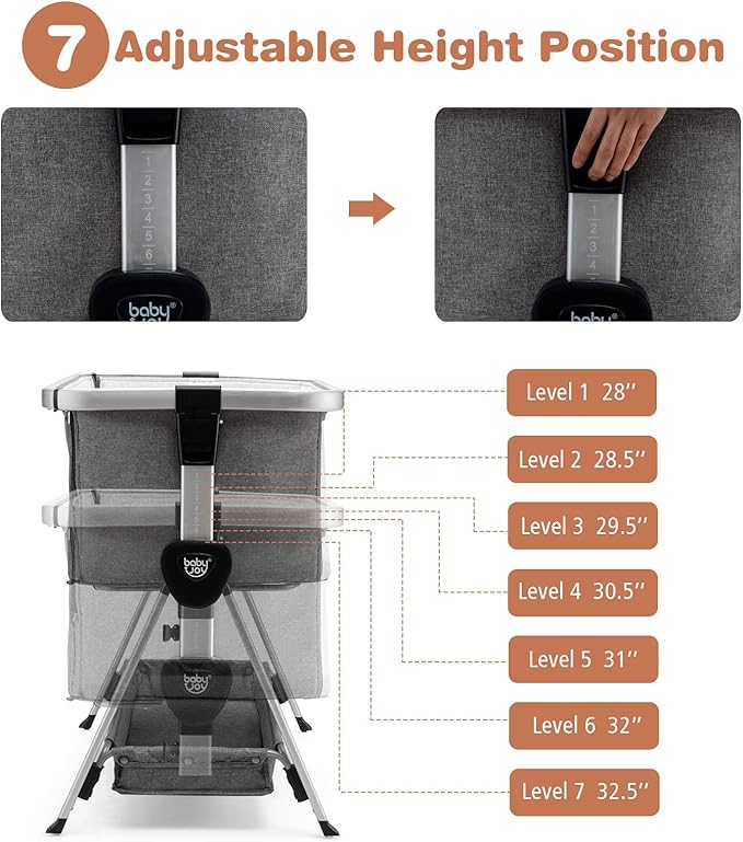 BABY JOY Bedside Bassinet, Portable Baby Crib w/Mattress, Two-Side Breathable Mesh, 7 Height Adjustable, Large Storage, Wheels for Easy Movement, Crib for Newborn Infant, Bassinet for Baby, Dark Grey