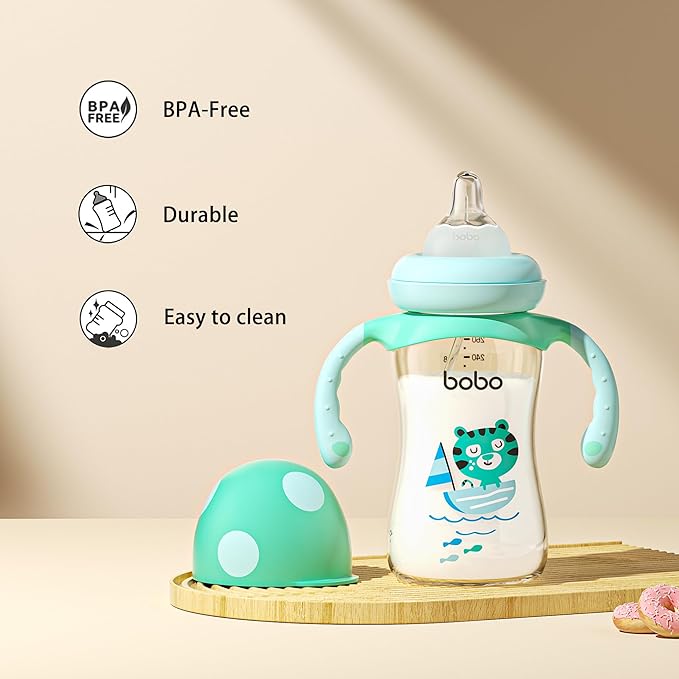 YOHKOH Natural PPSU Baby Bottle with Natural Response Nipple, Newborn Anti-Colic Baby Bottles with Handle, Wide Neck Mushroom Cap Baby Bottle (8.8oz (Pack of 2), Blue)