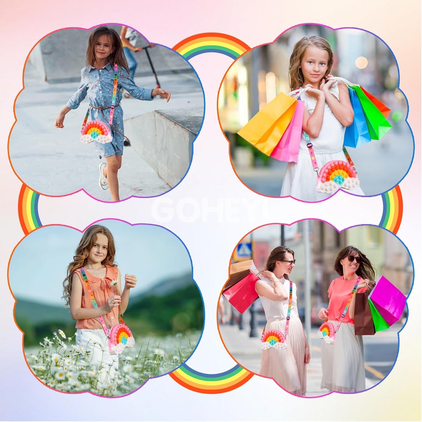 Pop Shoulder Purse Fidget Toys Bag for Girls and Women, Rainbow Clouds Pop Shoulder Bag, Sensory Silicone Fidget Backpack Toy for ADHD Anxiety Stress Relief