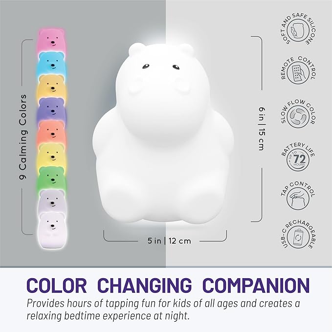 LumiPets Honey the Hippo Silicone Night Light for Kids | Squishy Lamp with Tap & Remote Control | Rechargeable, 9 Color Changing Animal Night Light for Boys & Girls | Portable Nightlight With USB Cord