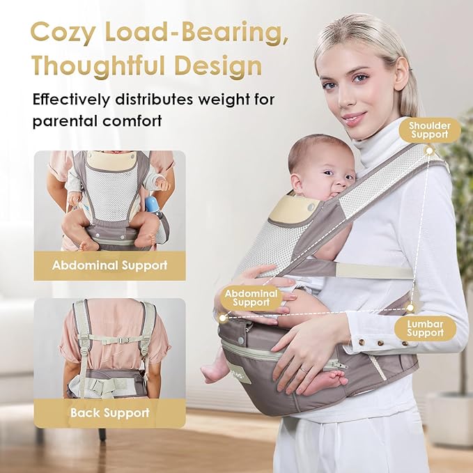Baby Carrier Newborn to Toddler, Lightweight Ergonomic Baby Hip Seat Carrier Up to 33lbs, Adjustable Extended Waistband Infant Carrier with Breathable Sunshield, Light Grey