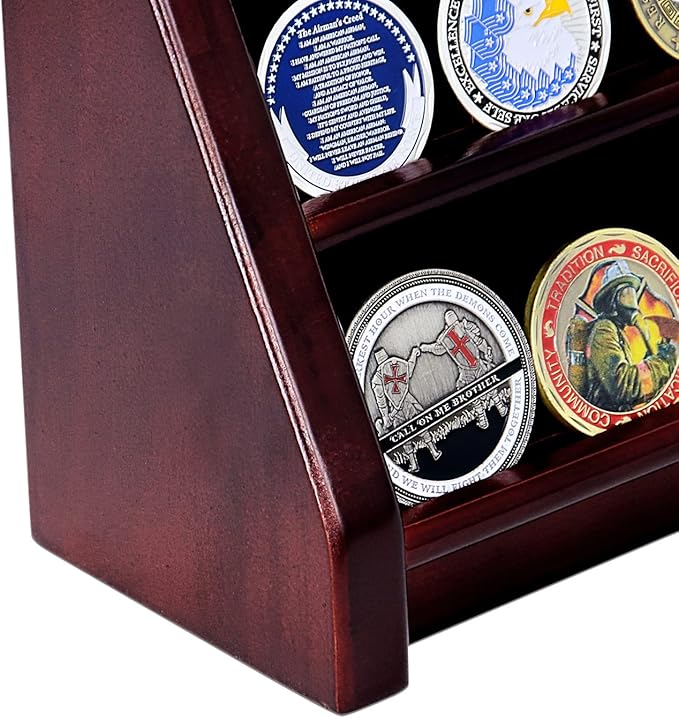 4 Rows Military Wooden Challenge Coin Display Case - Wall Mountable Army Holder Stand Rack, Holds 32 Coins, Mahogany