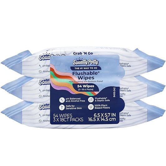 Squatty Potty Flushable Wipes for Travel or On the Go - 3 Pack (54 Total Wipes) - 99% Water & Plant-Based - Green Tea, Cucumber & Aloe Spa Scent - pH Balanced - Septic Safe Adult Wet Wipes
