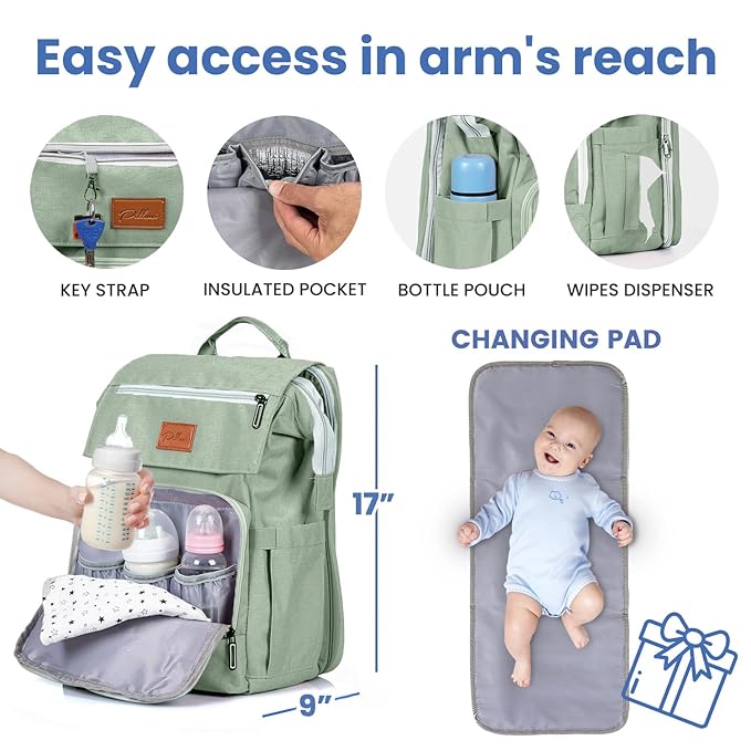 PILLANI Baby Diaper Bag Backpack - Large Bag for Boys & Girls, Waterproof Diaper Backpack - Travel Diaper Bags w/Changing Pad, Baby Registry Search & Shower Gifts - Essentials Must Haves Newborn Stuff