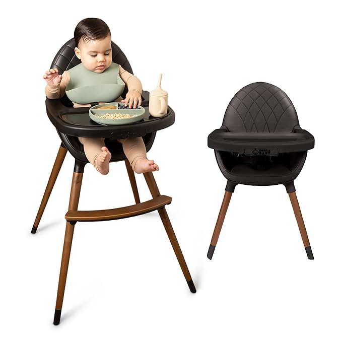 Convertible High Chair for Babies, Toddlers, Kids & Children - Wooden Highchair with Adjustable Height & Dishwasher Safe Tray - Wood Feeding & Dining Chair - Converts to Booster Seat (Black)