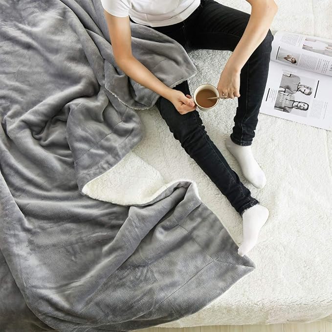 NANPIPER Flannel Blanket Reversible Sherpa Throw Blanket Super Soft Plush Warm Fleece Microfiber (90"x90",Light Gray) Queen