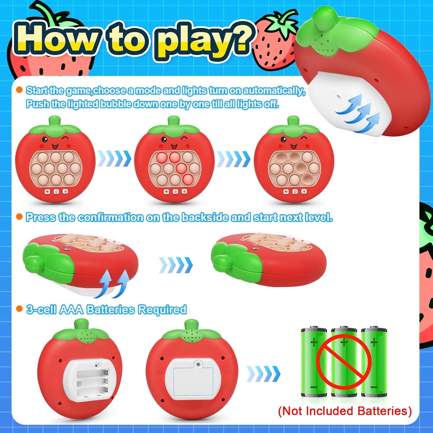 Upgrade Pop It Game Light Up Fidget Toy, Quick Push Pop Game, Fast Push Game for Kids Adult Handheld Games Controller, Portable Puzzle Game Machine for Gifts for 3-12 Children Kids (Strawberry)