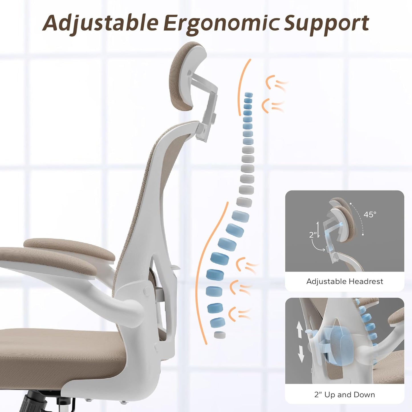 Ergonomic Office Chair with Adjustable Flip-Up Armrests & Lumbar Support - Thickened Cushion Desk Chair with Wheels, Comfy Home Office Computer Chair