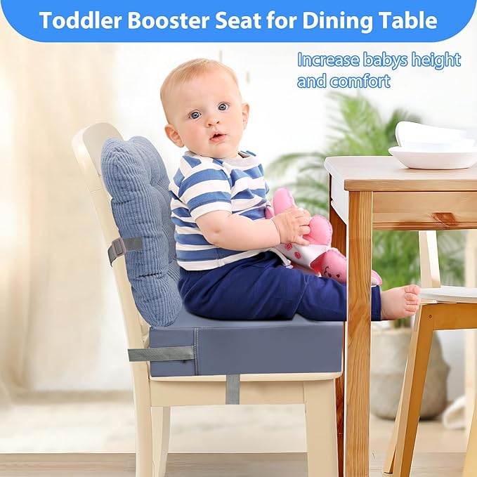 Booster Seat for Kitchen Chair - 2Pcs Toddler Booster Seat for Dining Table Adjustable Safety Belts & Non-Slip Bottom, PU Waterproof Easy Cleaning Booster Chair Cushion