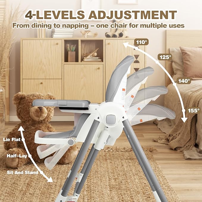 High Chairs for Babies and Toddlers Foldable High Chair Adjustable with Reclining Seat & Leg Rest, 3-in-1 Convertible Baby Swings with Tool-Free Assembly (Grey)