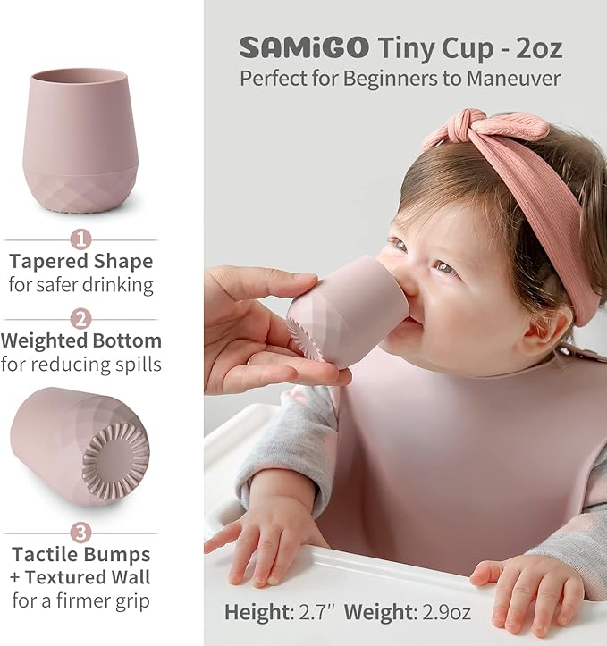 SAMiGO Silicone Baby Utensils - Self Feeding Spoons and Tiny Training Cup - First Stage Baby Led Weaning Supplies for 6 Months+ Infants - Set of 4