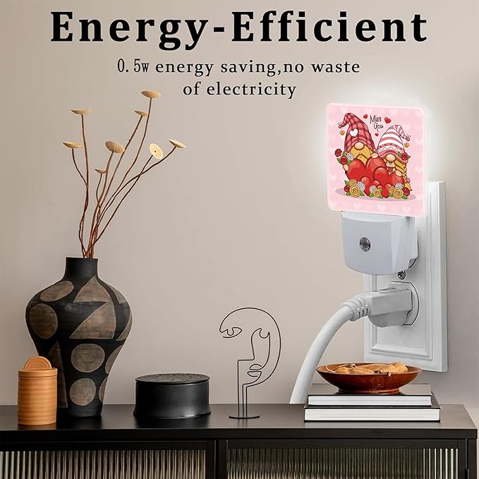 Valentine's Day Gnome Couple Night Light for Kids, Gnomes with Love Red Hearts Night Light Plug in with Dusk to Dawn Sensor,0.5w Energy Saving Nightlight for Hallway Stairway Kitchen Bedroom