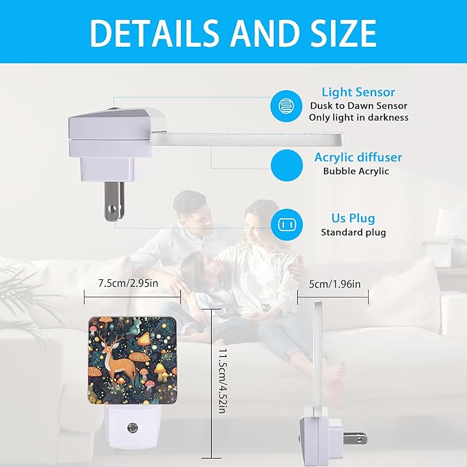 Night Lights Plug into Wall Fantasy Forest Mushrooms Deer Night Lights Dusk to Dawn Sensor Led Lamp for Women Men,Led Lights for Stairway/Hallway/Bedroom,0.5W