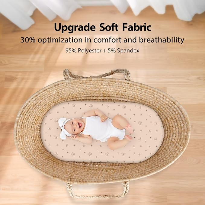 Baby Bassinet Sheets Girl Boy, Fitted Bassinet Sheet Set 3 Pack Bassinet Mattress Sheets Universal Fit for Rectangle, Round, Oval, Hourglass Mattress, Soft Breathable White Brown Sun God