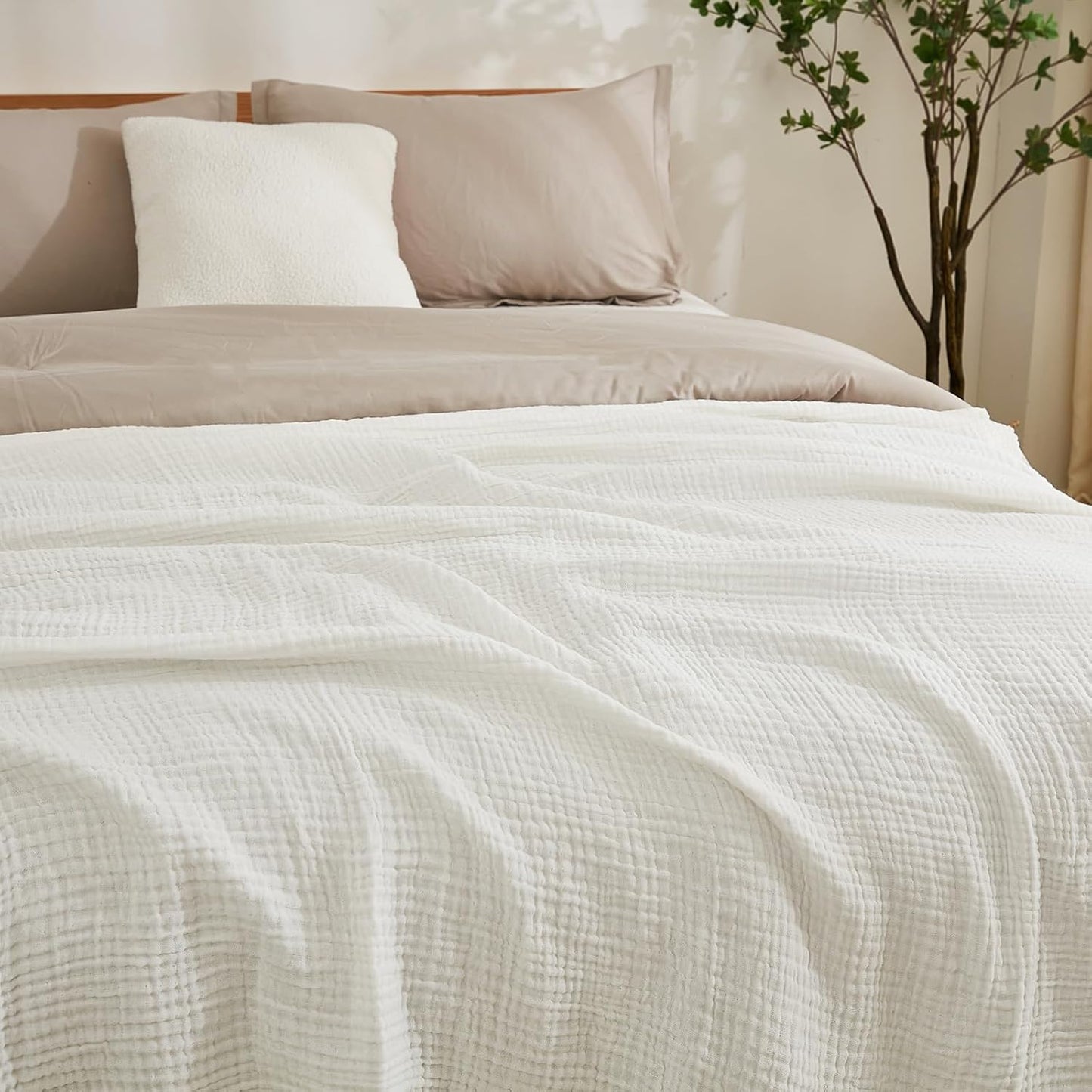 EMME Cotton Blanket Twin XL for Bed Soft Muslin Blankets 66"x90" Lightweight Breathable Layering Bedspread Coverlet All Season Gauze, White