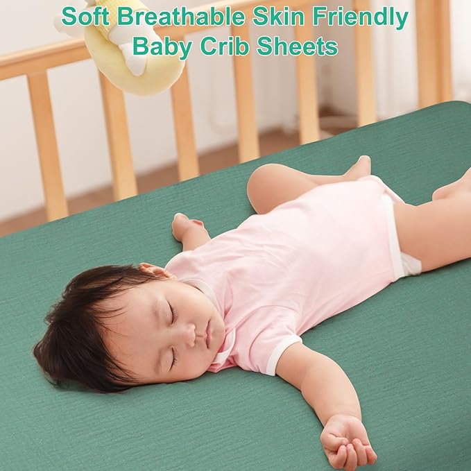 2 Pack Muslin Fitted Crib Sheets for Baby Girls & Boys-Neutral Breathable Crib Mattress Protector for Standard Crib Mattress (28"x 52") -Soft No Slip Toddler Cotton Bedding-Green & Grey