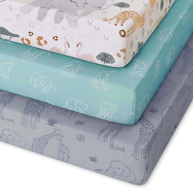 Pack and Play Sheets Fitted 3 Pack, Mini Crib Sheets for Pack N Play Mattress Stretchy Portable Playard Sheets, Soft Breathable Elephant