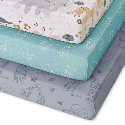 Pack and Play Sheets Fitted 3 Pack, Mini Crib Sheets for Pack N Play Mattress Stretchy Portable Playard Sheets, Soft Breathable Elephant