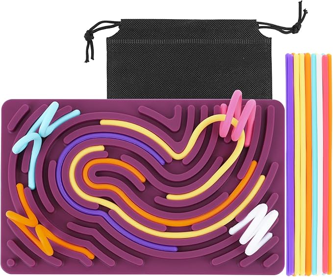 Sensory Activity Board, Silicone Fidget Toy for Stress Relief, Calming, Focus, ADHD and Autism, 6 Colors Sensory Toys Game Controller for Kids 2+ & Adults with 20 Strings (Purple)