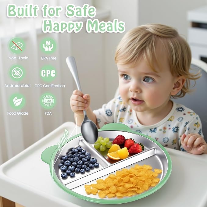Stainless Steel Kids Plate with Suction 4 Pack, 9″ Toddler Divided Plates with Removable Non Slip Silicone Sleeves, BPA Free Baby Snack Dishes, Mint Green, Wisteria, Coral pink, Glaucous