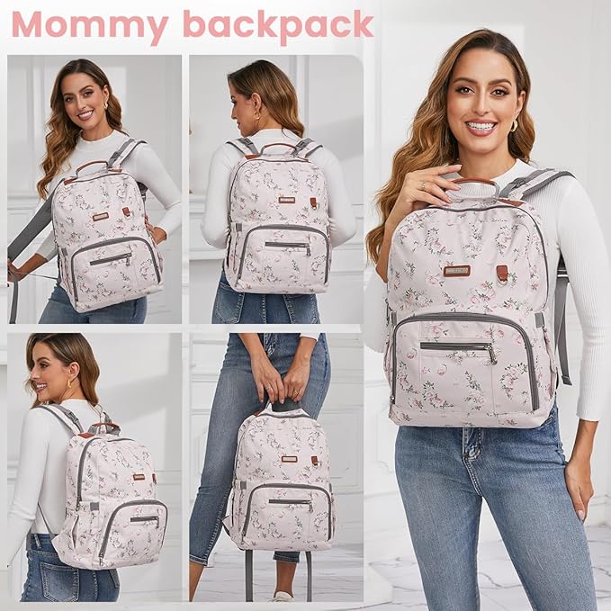 Diaper Bag Backpack, Large Baby Nappy Bags with Portable Changing Pad for Boys and GirlsMultifunction Travel Baby Bag for Moms Dads, Shower Gifts Waterproof and Stylish，Flower Pink