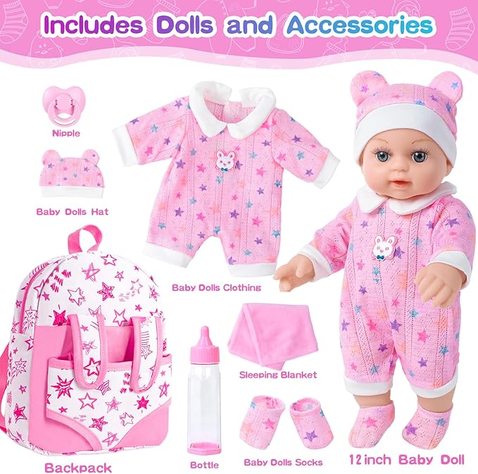 12" Baby Doll in Gift Box with Pink Backpack, Cloths, Feeding Bottle and Pacifier, First Baby Dolls for Toddlers 3 Years and Up