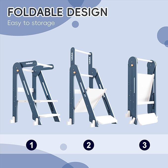 Kids Kitchen Step Stool, Foldable Toddler Tower, Height Adjustable Toddler Standing Tower with Safty Rail and Anti-Slip Device, Wooden Stool for 1.5-6 Years(Sky Blue-White)