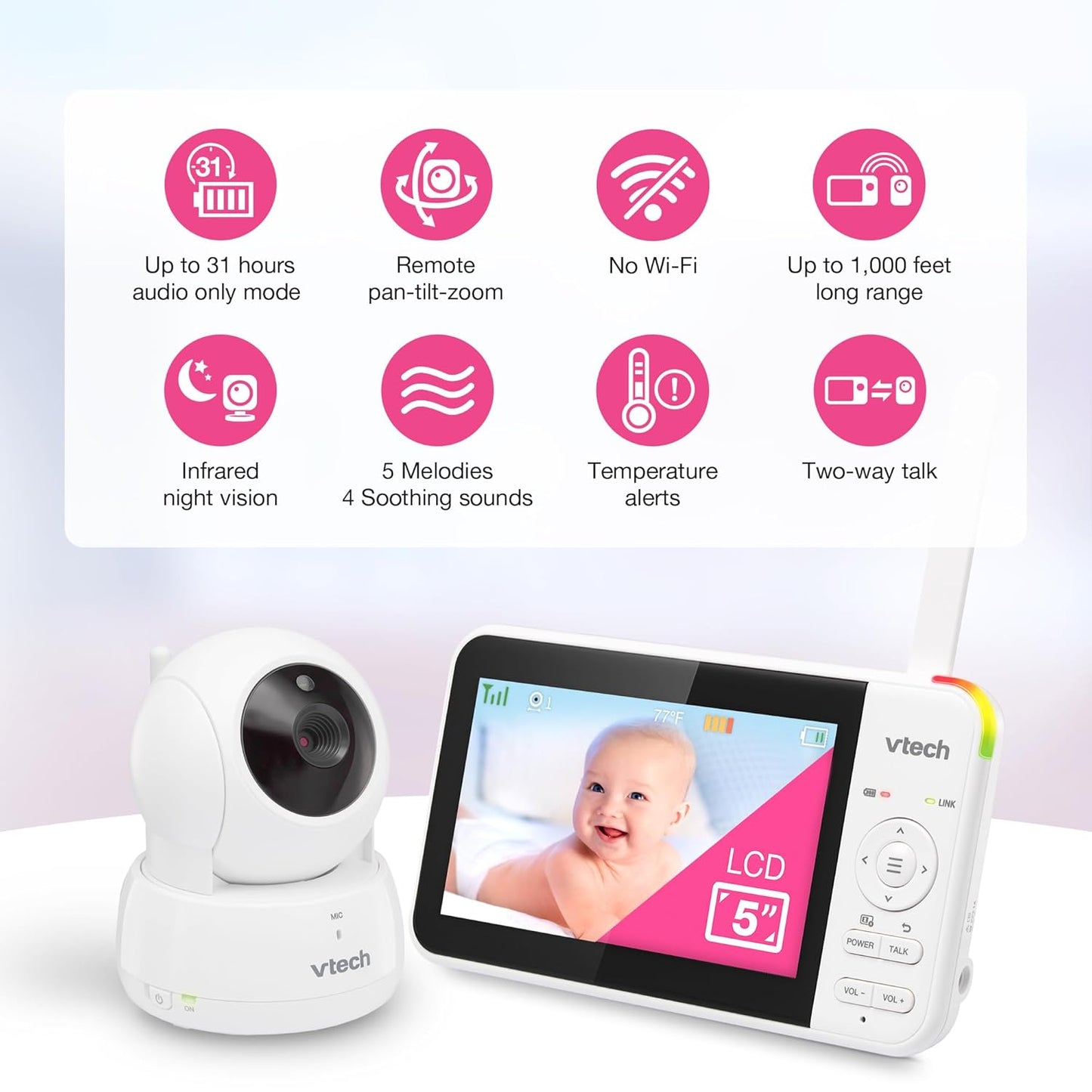 VTech VM924 Remote Pan-Tilt-Zoom Video Baby Monitor, 5" LCD Screen, Up to 17 Hrs Video Streaming, Night Vision, Up to 1000ft Range, Soothing Sounds, 2-Way Talk, Temperature Sensor,Secured Transmission
