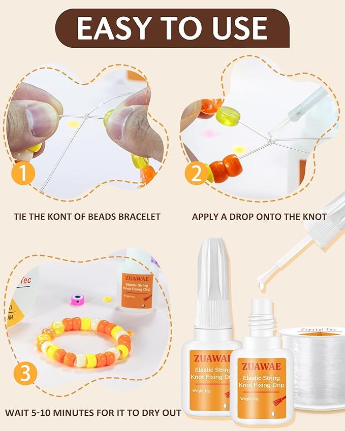ZUAWAE Jewelry Glue for Elastic String, Bracelet Glues with 1mm Elastic String for Bracelets to Clay Beads Bracelet Making Kit, Jewelrys Fixing Kit, Jewelry Making Supplies