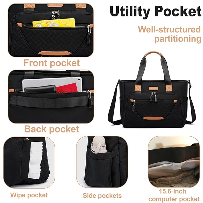 Diaper Tote Bag, 4 in 1 Tote Diaper Bag with 16" Laptop Compartment, Baby Bag with 3 Insulated Pocket for Mam and Dad, Ideal for Travel, Work (Black)