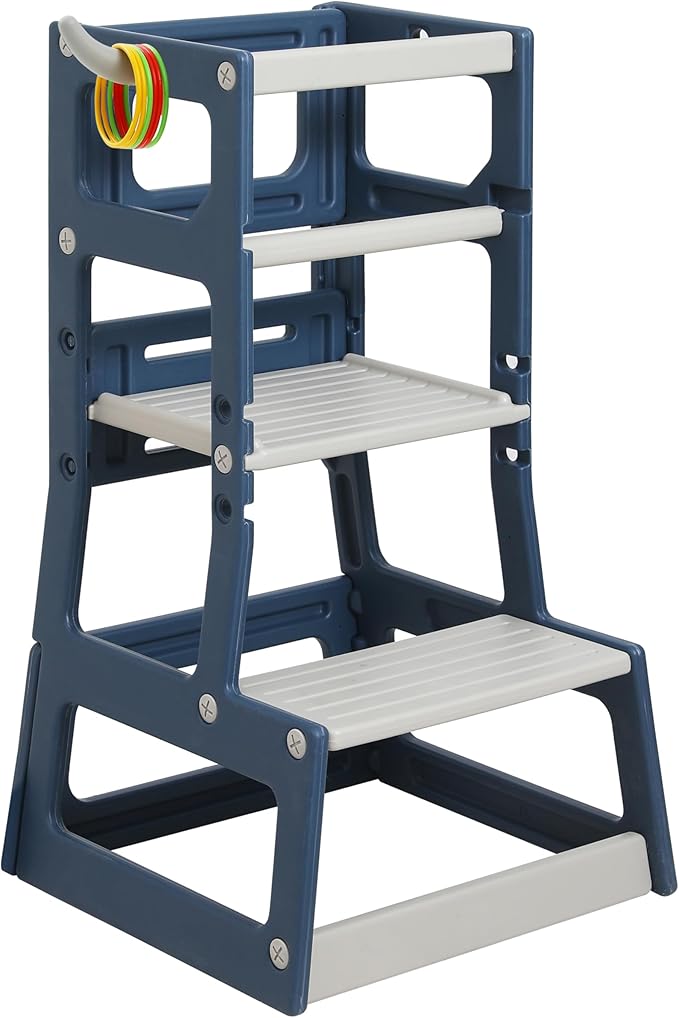 SDADI Adjustable Height Kids Kitchen Step Stool with Removable Safety Rails and Anti-Slip Protection- Toddler Standing Tower with with Ring Toss for Learning and Playing (Blue and Light Grey)