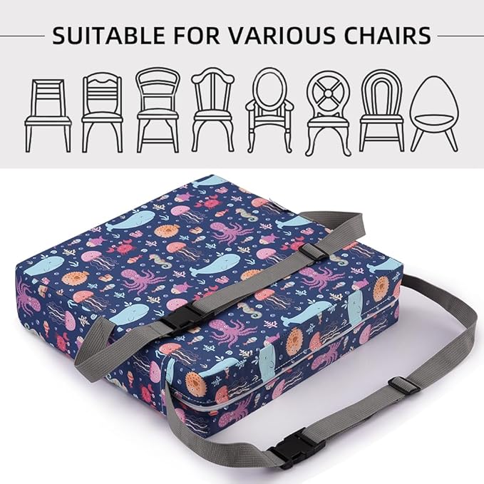 Zicac Portable Toddler Booster Seat for Dining Table, Safer Non-Slip Kids Booster Seat with Double Adjustable Straps, Washable Detachable Strong Support Increasing Cushion for Child (Purple Octopus)