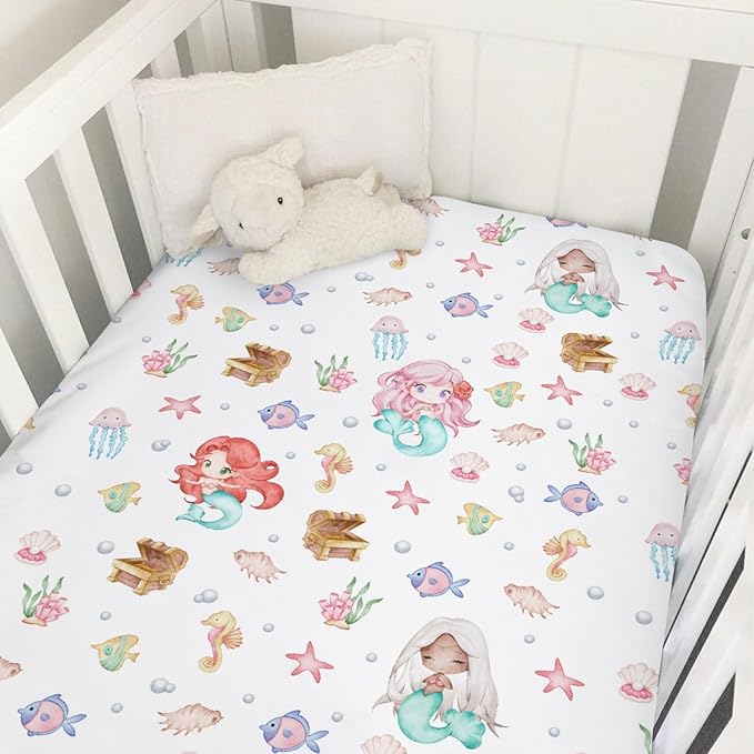 Watercolor Mermaids Baby Crib Sheets 52''x28'' Ocean Animals Fish Sea Horse Jellyfish Conch Coral Stretchy Fitted Crib Mattress Cover for Boy Girl Soft Bed Sheets for Standard Crib Toddler Mattress